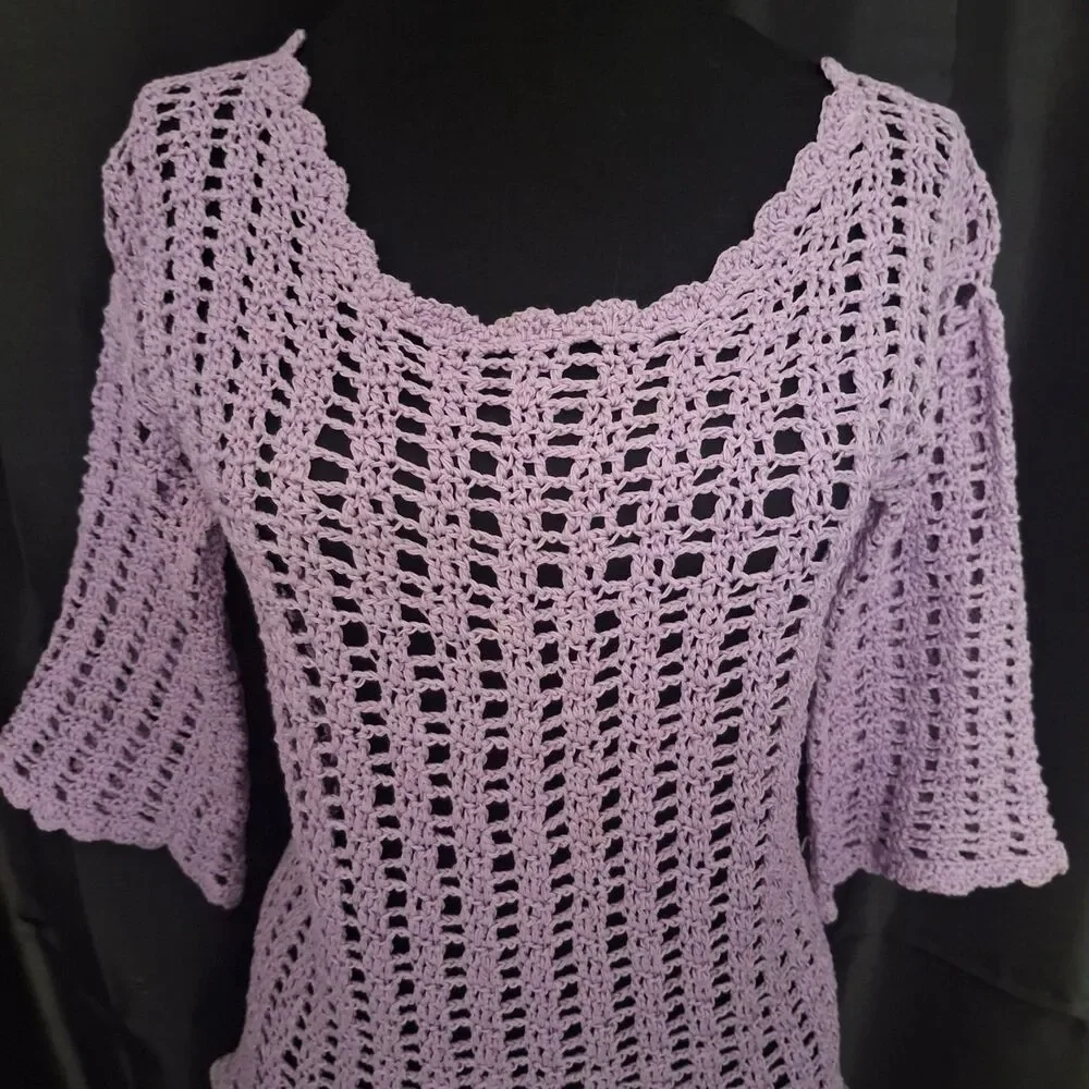 Vtg 70s purple crochet top cotton bell 3/4 sleeves scoop neck festival boho Sz S